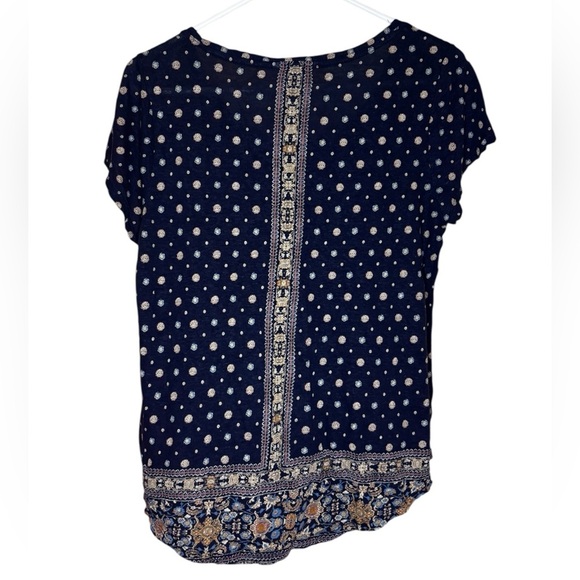 Boho Lucky Brand Dark Blue Blouse with White and Tan Accents - Picture 5 of 7